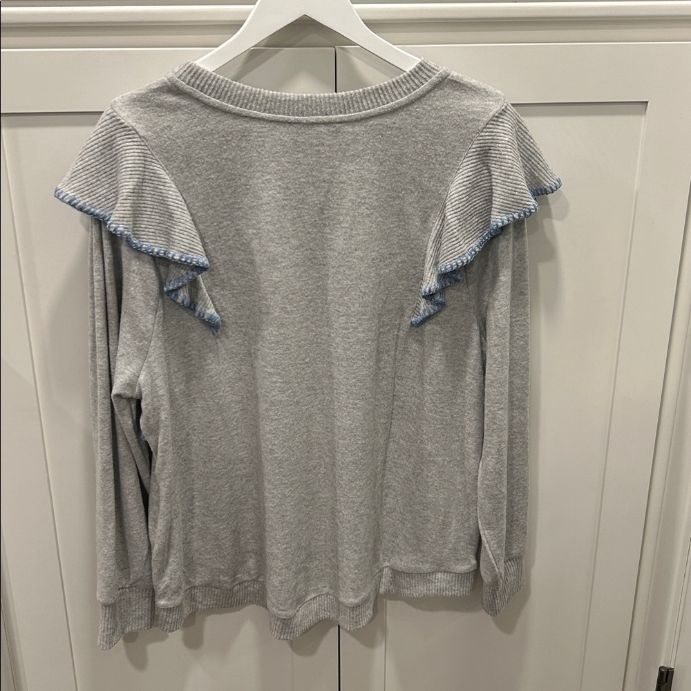 Democracy Brushed Sweater Knit Ruffled Top Light Heather‎ Gray Blue Ruffle Trim - Picture 4 of 15